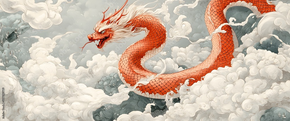 Obraz premium An Orange Dragon Soaring Through Whimsical Clouds