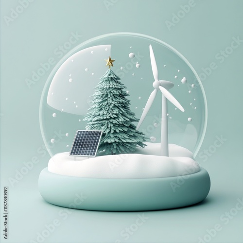 A soft, clay-like 3D illustration. A snowglobe with a Christmas tree, a solar panel, and a wind turbine inside, surrounded by gently falling snow. The snow globe has a smooth