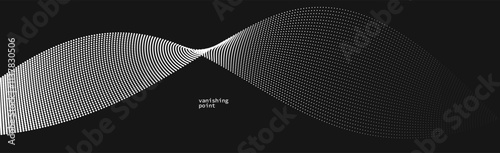 Smooth and relaxing shape vector abstract background with wave of flowing particles over black, curve lines of dots in motion, tranquil and soft image.