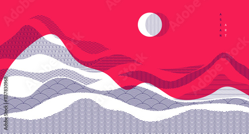 Abstract oriental Japanese art vector background in red color, traditional style design, wavy shapes and mountains terrain landscape, runny like sea lines.