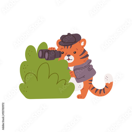Illustration of a detective - a tiger, watching through binoculars behind the bushes.