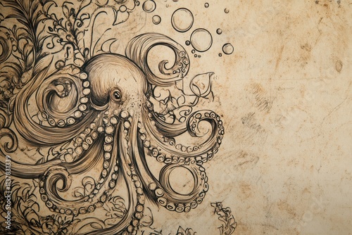 A tattoo sketch of an octopus with tentacles flowing in intricate patterns, surrounded by bubbles and seaweed, with space for text.