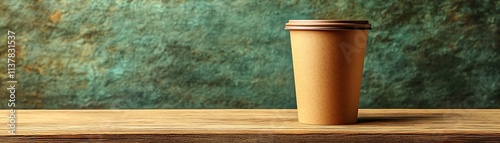 Disposable cardboard coffee cup to go in ecofriendly coffee shop, kraft paper cup, wooden table, space for text, ecological design, sustainability focus