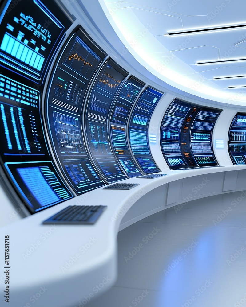 Fototapeta premium Bandwidth selection illustrating a futuristic control room with screens displaying real-time data adjustments and analytics.