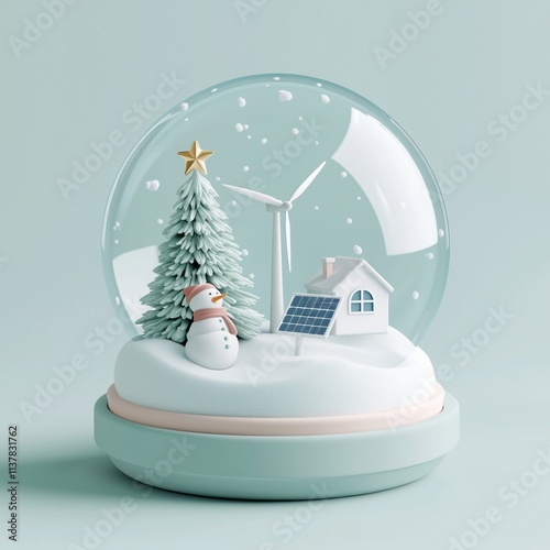 A soft, clay-like 3D illustration. A snowglobe with a Christmas tree, a solar panel, and a wind turbine inside, surrounded by gently falling snow. The snow globe has a smooth