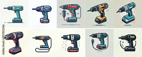 Vector set of an electric drill with a simple and minimalist flat design style