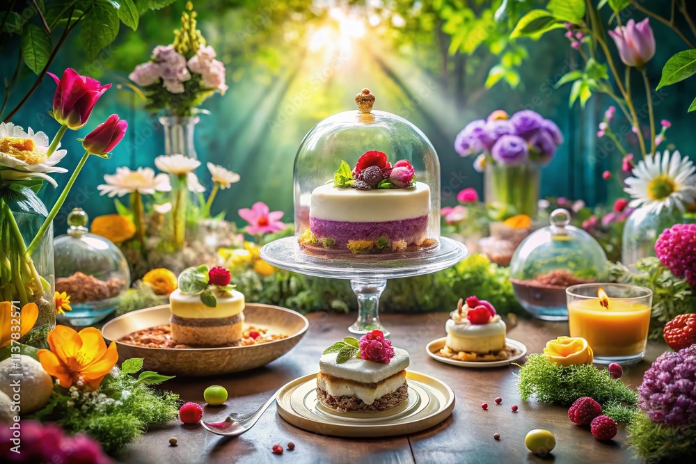 Fototapeta premium Spring Summer Garden Fine Dining Dessert Double Exposure Photography AI Art