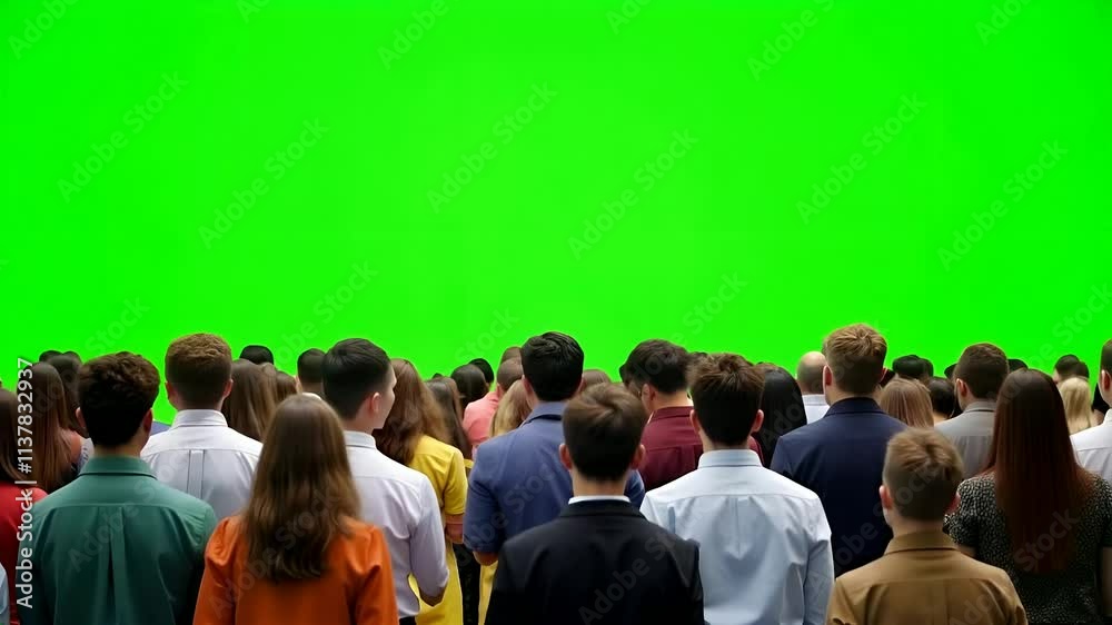 Professional Crowd of People Looking at Green Screen Background for Movie Production, Film Industry Audience Scene Footage for Visual Effects and Chroma Key Compositing
