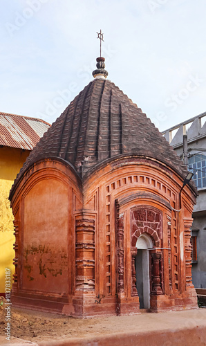 A 15th-century terracotta temple featuring intricate craftsmanship in Chhai Taraf Temple Complex, Maluti, Dumka, Jharkhand, India. photo