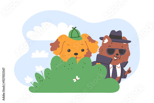 Vector Illustration of detective animals watching from behind the bushes.