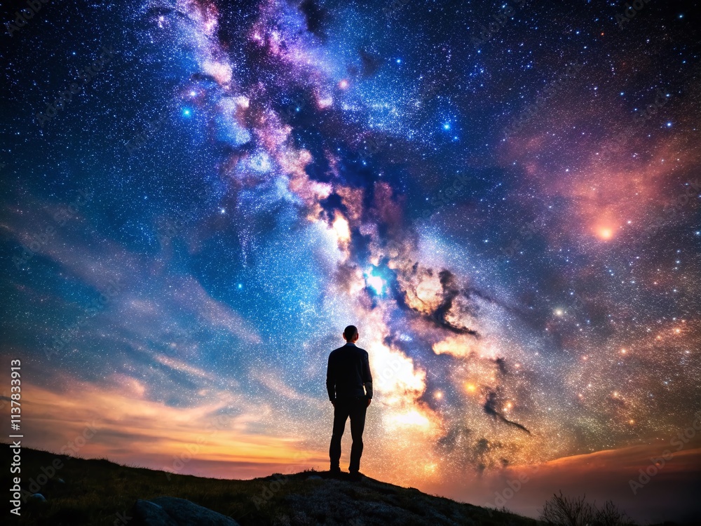 Fototapeta premium Stargazing Solitude: Night Sky Portrait Photography, Lonely Figure, Celestial Wonders, Peaceful Night, Dark Sky, Starry Night, Alone in Nature
