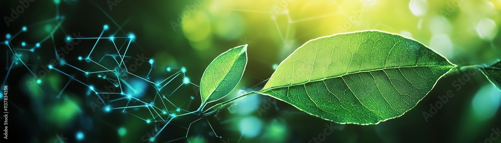 Fototapeta premium Green leaf with energy sources, renewable energy concept, sustainable development, responsible environment, ecology focus, generative AI design