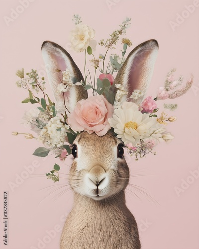 White bunny with spring flower crown, Easter celebration concept for greeting cards and seasonal decor. Ideal for children's brands, spring retail displays and feminine lifestyle content.
 photo