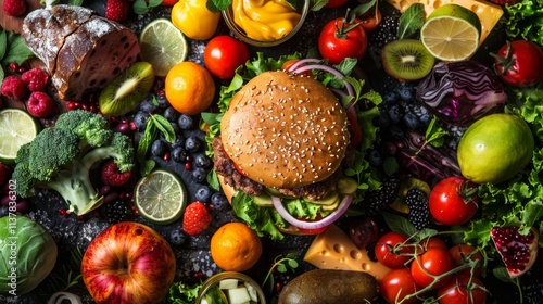 Burger stuffed with juicy beef, melted cheese, crispy lettuce and ripe tomatoes on the table. Vegetables in section lying on the table. Gastro photo.
