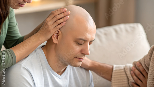 Supportive hands embracing bald head in healing unity against warm neutral backdrop photo