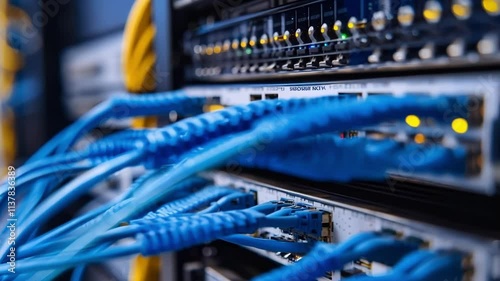 Network panel blinking with blue ethernet cables illustrates the concept of innovative manufacturing, highlighting connections in technology and modern industrial processes
