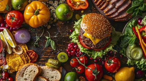 Burger stuffed with juicy beef, melted cheese, crispy lettuce and ripe tomatoes on the table. Vegetables in section lying on the table. Gastro photo.