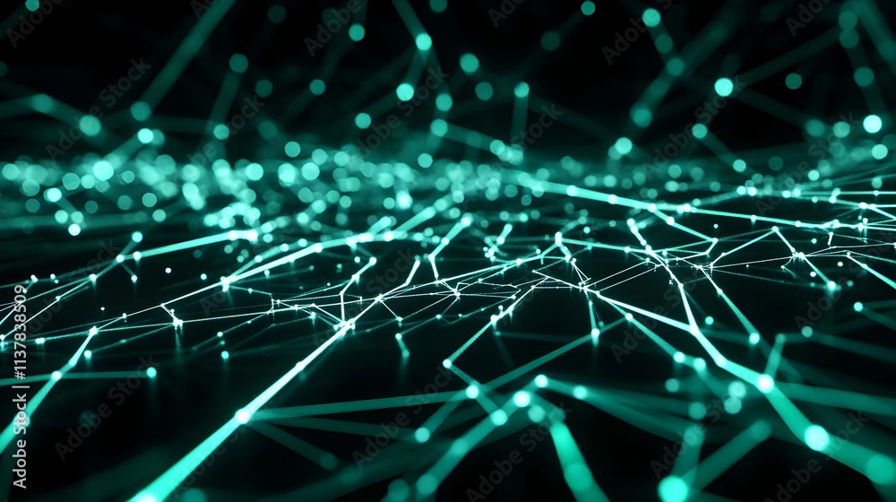 Obraz premium A circuit board pattern glowing in green, with complex lines and connections on a black background.