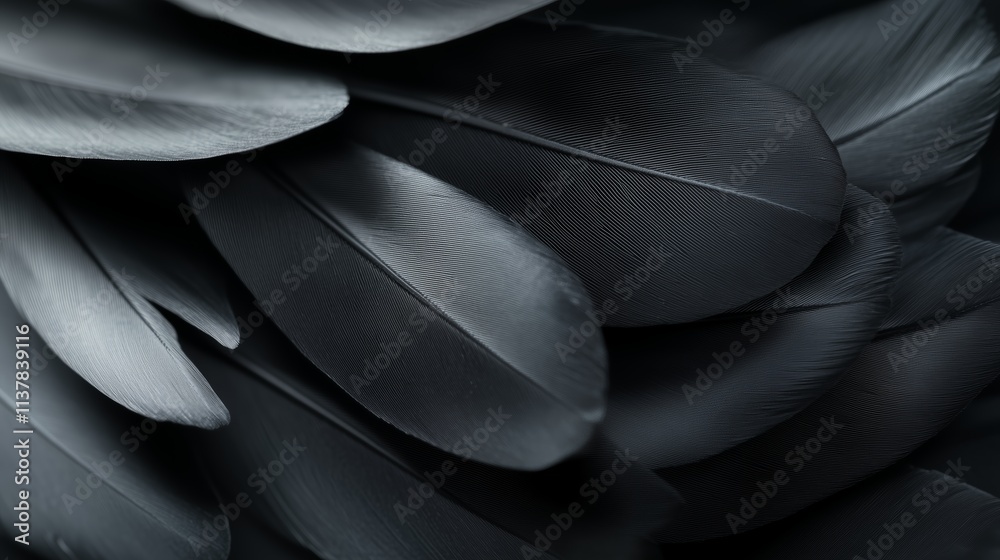 Obraz premium Elegant arrangement of dark feathers showcasing texture and depth in a monochromatic setting