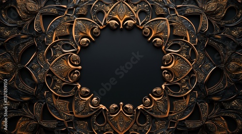 Photorealistic vintage elegant luxury black and gold abstract frame background with copy space for text or logo. Generative AI 
