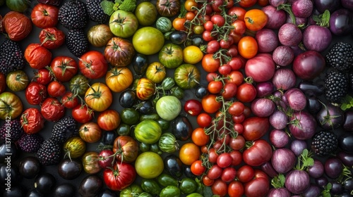 Vibrant assortment of heirloom tomatoes and berries in a colorful rainbow arrangement