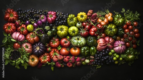 Vibrant array of heirloom tomatoes and berries on dark background
