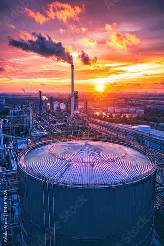 Industrial skyline adorned by a vibrant sunset, showcasing the beauty of technology and nature in harmony during evening hours