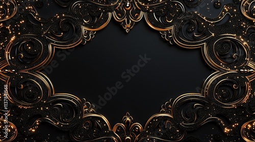 Photorealistic vintage elegant luxury black and gold abstract frame background with copy space for text or logo. Generative AI  photo