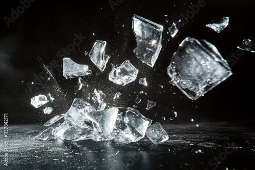 Ice breaking into shards in slow motion, with beams of light highlighting each falling fragment. photo