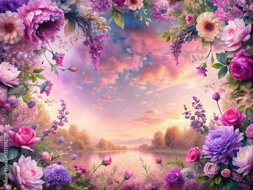 Stunning Double Exposure Photography of a Purple and Pink Floral Watercolor Frame with Vibrant Blooms Merging into a Dreamy Landscape for Artistic Decor and Design photo