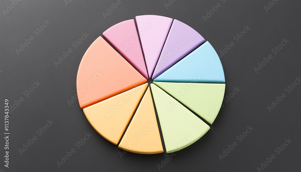 Fototapeta premium A colorful pie chart made of sticky notes arranged in segments, set against a dark background, showcasing vibrant hues.