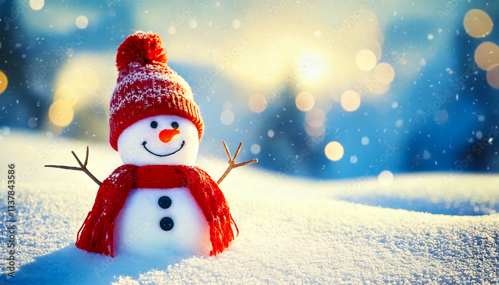 Fototapeta premium Closeup of a Jolly Snowman with a Big Smile for a Winter Holiday Christmas Banner