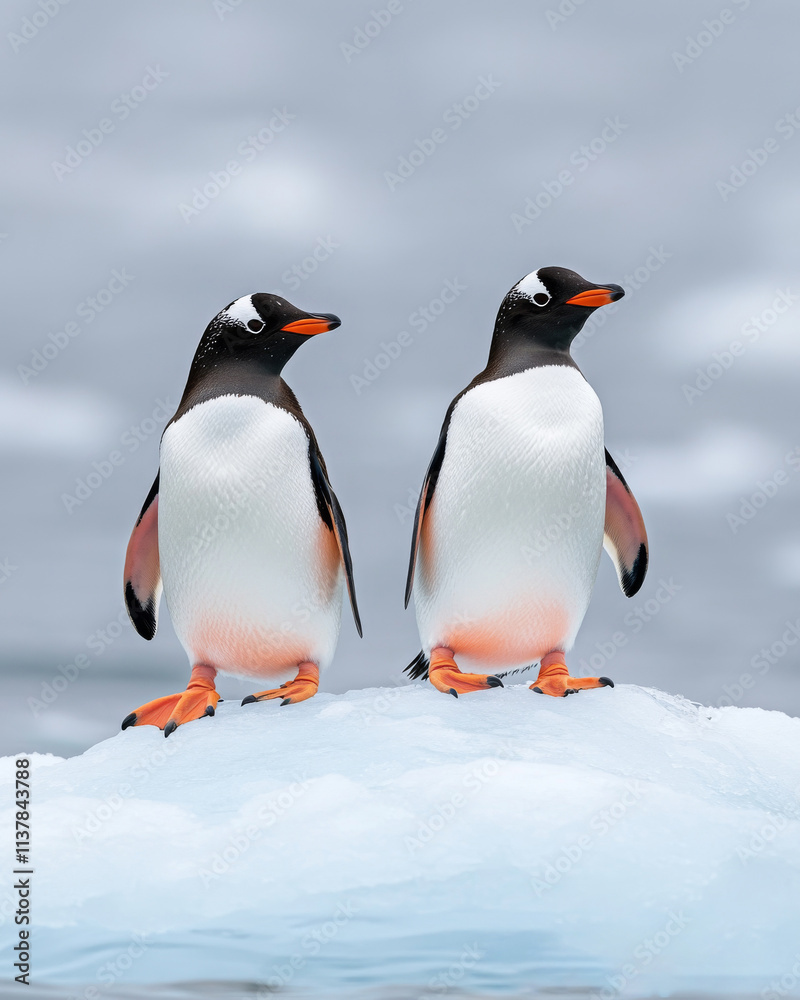 Obraz premium Two Gentoo penguins stand on an ice floe, showcasing their distinctive black and white plumage against a soft gray backdrop.