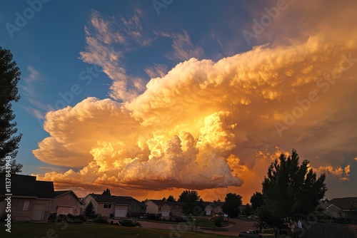 Beautiful cloud formations in the sky at sunset, golden light reflecting off them, the upper half available for text. photo