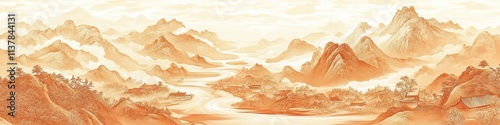  Creative abstract marketing background featuring a vintage imitation of Chinese Song dynasty landscape painting with vast mountains and water, designed in a minimalist style with ample white space, s