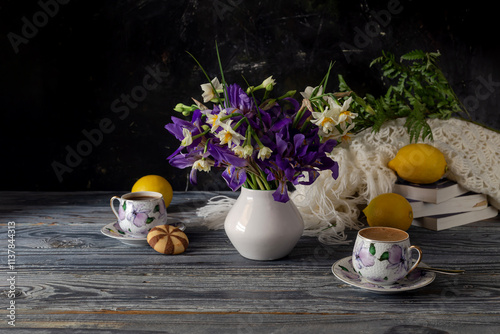 Still life with cups of coffee, field irises and daffodils and lemons close-up