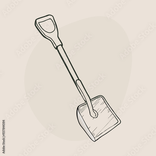 a black and white line drawing of a shovel. The shovel has a long handle with a round head and a flat bottom.