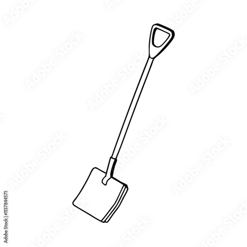 a black and white line drawing of a shovel. The shovel has a long handle with a round head and a flat bottom.