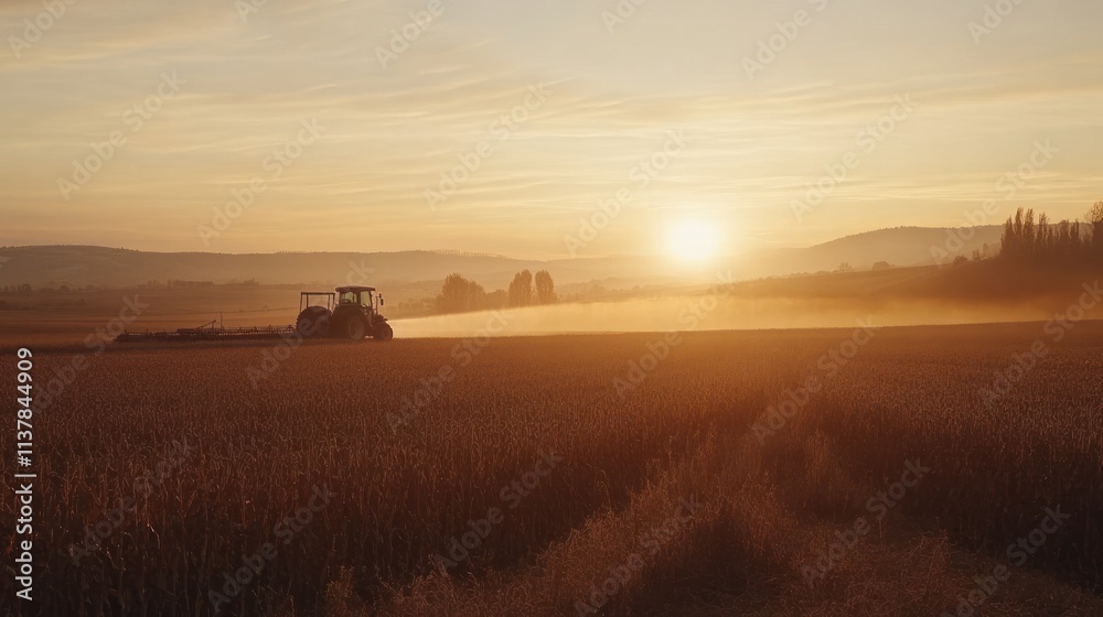 Obraz premium Tractor harvesting wheat field at sunset.