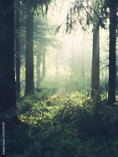 Wallpaper Mural A blurred forest landscape with soft morning mist, providing a natural and tranquil feel.  Torontodigital.ca