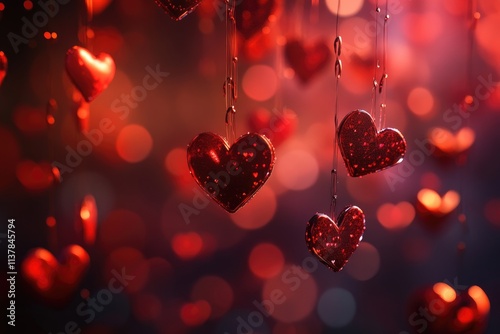 Red hearts hanging against a blurred red background photo