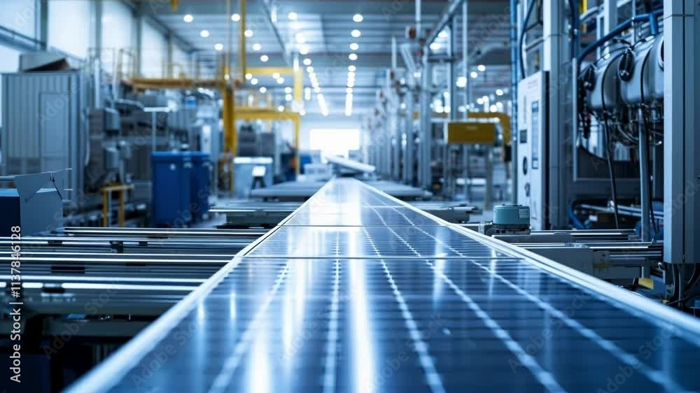 Solar panel is moving on an automated assembly line in a photovoltaic factory. The factory is clean and modern, with state of the art equipment