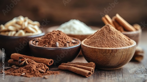 Aromatic Spices and Cocoa Powders in Rustic Bowls.
