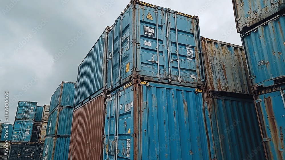 Fototapeta premium Stacked Cargo Shipping Containers in a Port Against a Cloudy Sky