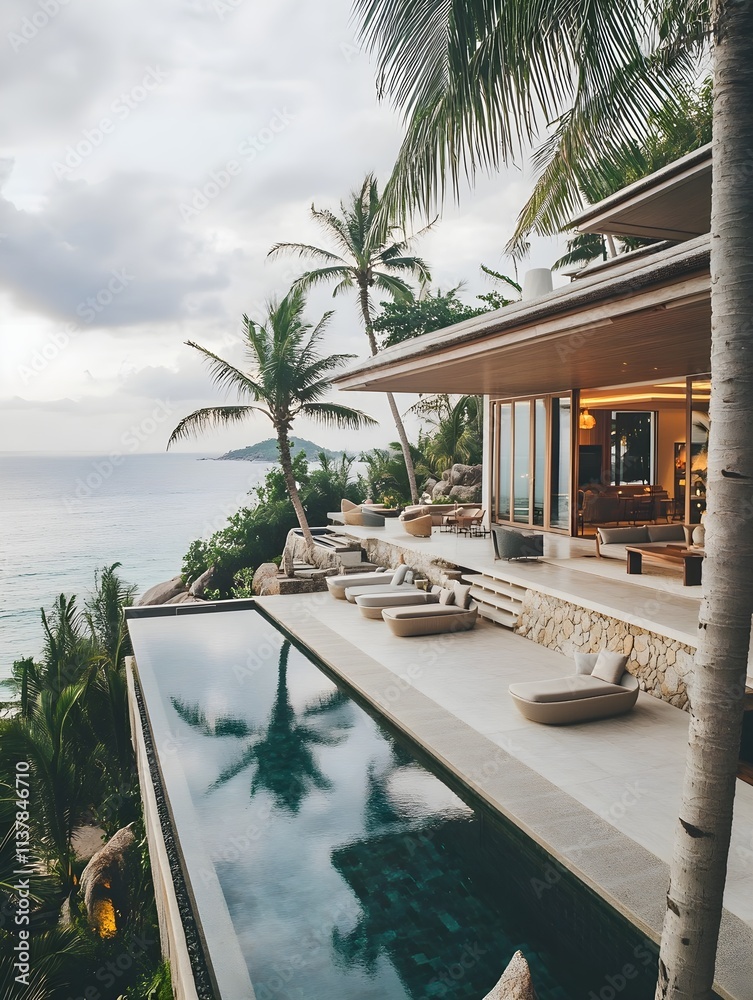 Fototapeta premium A beachfront villa with open-plan architecture, infinity pool overlooking the ocean, and palm trees