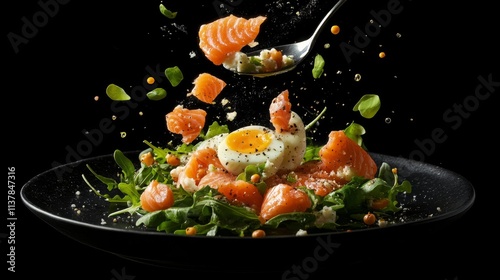 Dynamic gourmet dish with salmon, soft-boiled egg, and fresh greens against black background photo