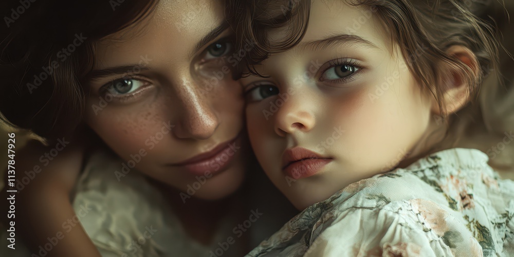 Obraz premium Mother and child share a tender hug in a cozy setting during golden hour
