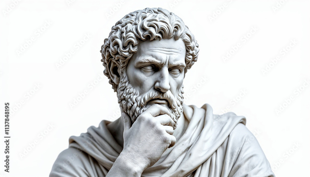 Obraz premium Marble statue of a Greek philosopher pondering, isolated on white, ideal for artistic themes.