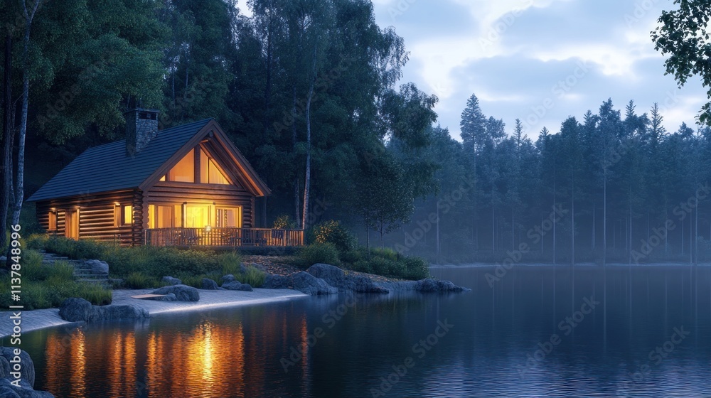Fototapeta premium A Serene Lakeside Cabin at Dusk