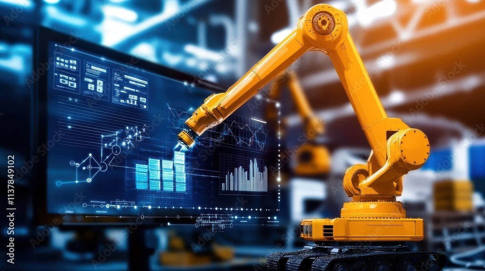 Naklejka premium Industrial Robot Arm Analyzing Data on Modern Screen Display